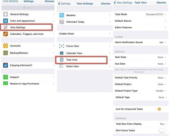 task view-Settings | Pocket Informant