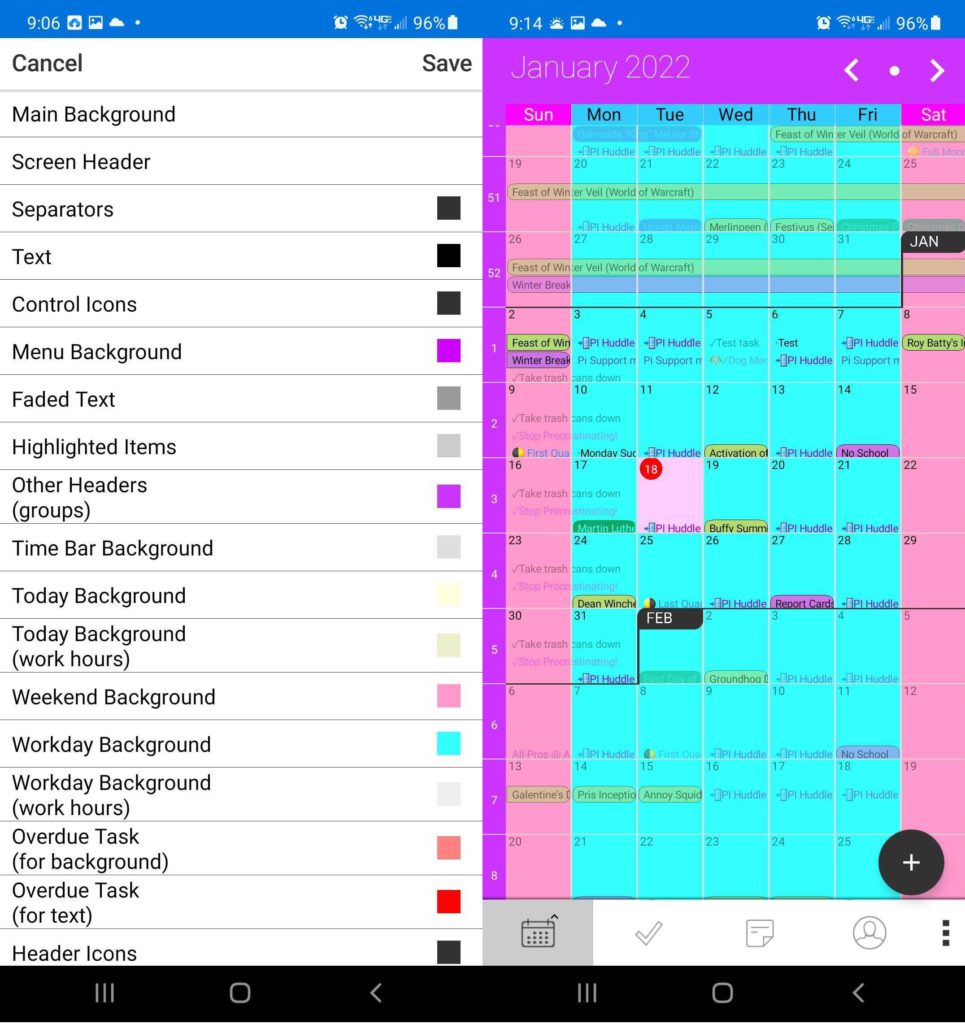 Customizing calendar colors Pocket Informant