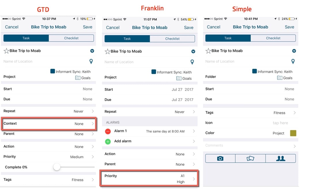 GTD vs Franklin Detail screen