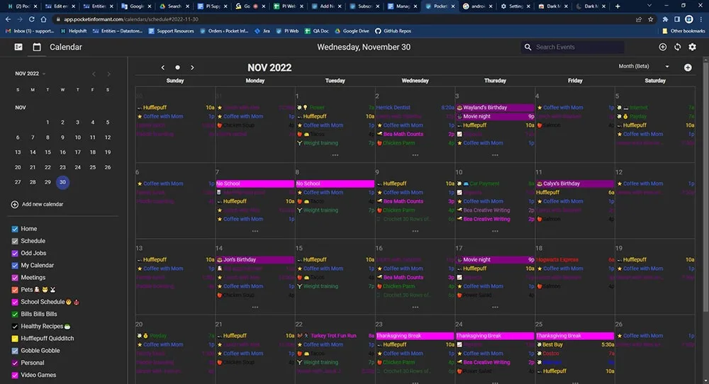 Web calendar screenshot dark mode