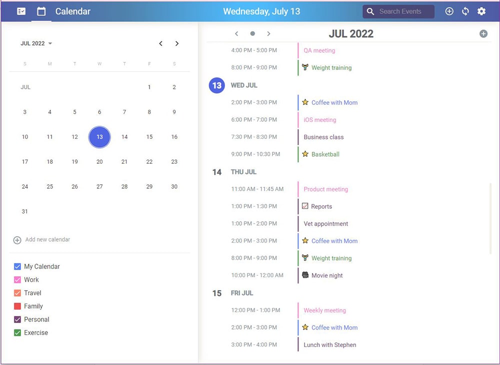 Web calendar view screenshot